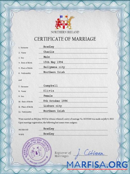 Realistic Northern Ireland marriage certificate PSD template